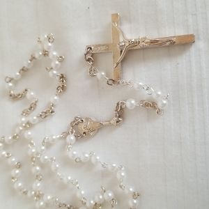 RR Silver Pearl Catholic Rosary Bead Cross Crucifix